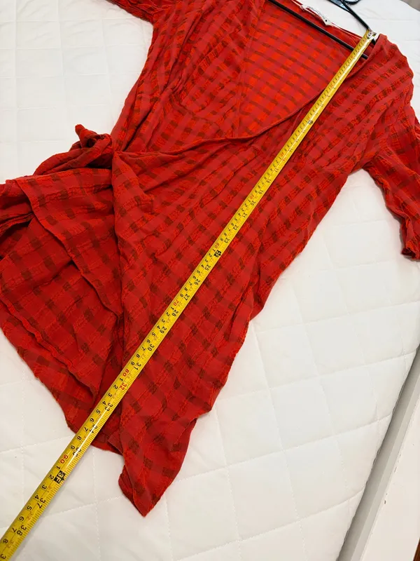 Zara Rust Orange Plaid Wrap Tie Mini Dress Deep V Boho Festival Cottage Peasant Size M - Image 6