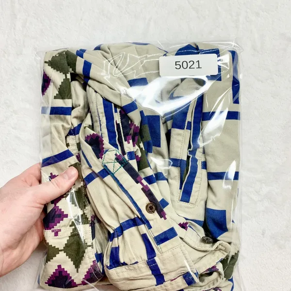 Modern Amusement Southwestern Hooded‎ Flannel Shirt Womens Sz S Beige Blue Aztec - Image 7