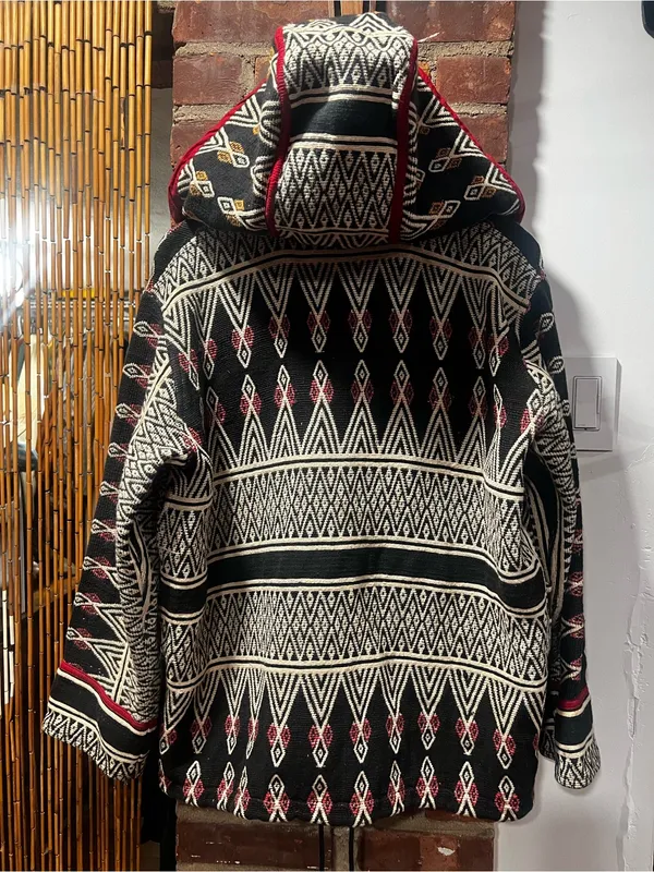 Cozy Geometric Hooded Cardigan Sweater in Black & Red - Image 9