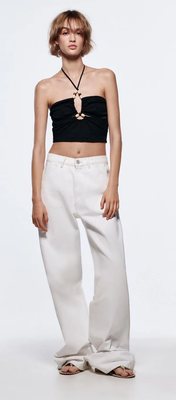 ZARA Black Ribbed Cut Out Crop Top With Beads - Image 4