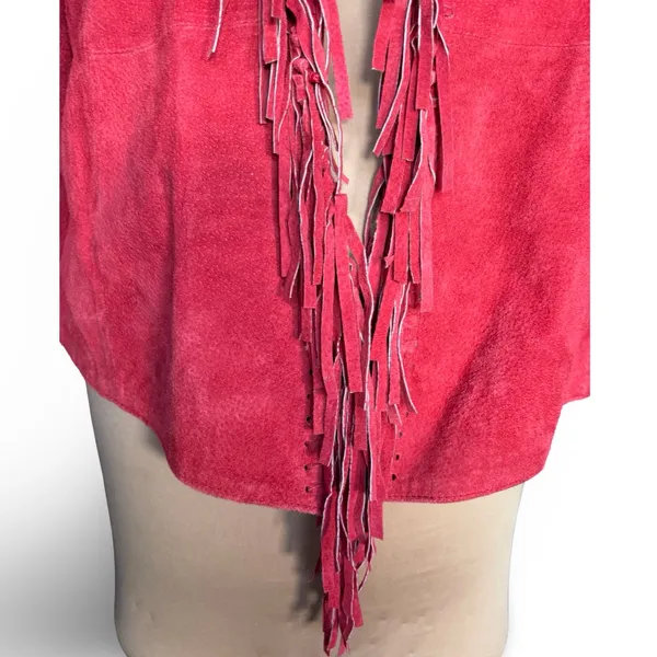 Vintage Red Suede‎ Leather Fringe Jacket Western Boho Statement Festival Piece - Image 4