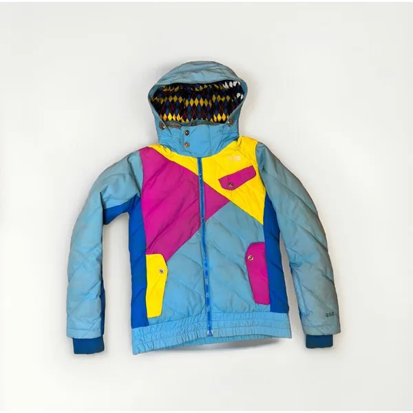 Rare vintage The North Face Jitterbug down jacket in bold blue, pink and yellow - Image 3