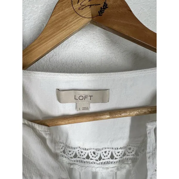 Loft White Lace Detail Blouse Large Long Sleeves Relaxed Flowy - Image 2
