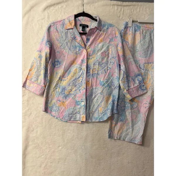 Lauren Ralph Lauren Pajama Set Womens Medium Pink Paisley Cotton 3/4 Sleeve Crop - Image 5