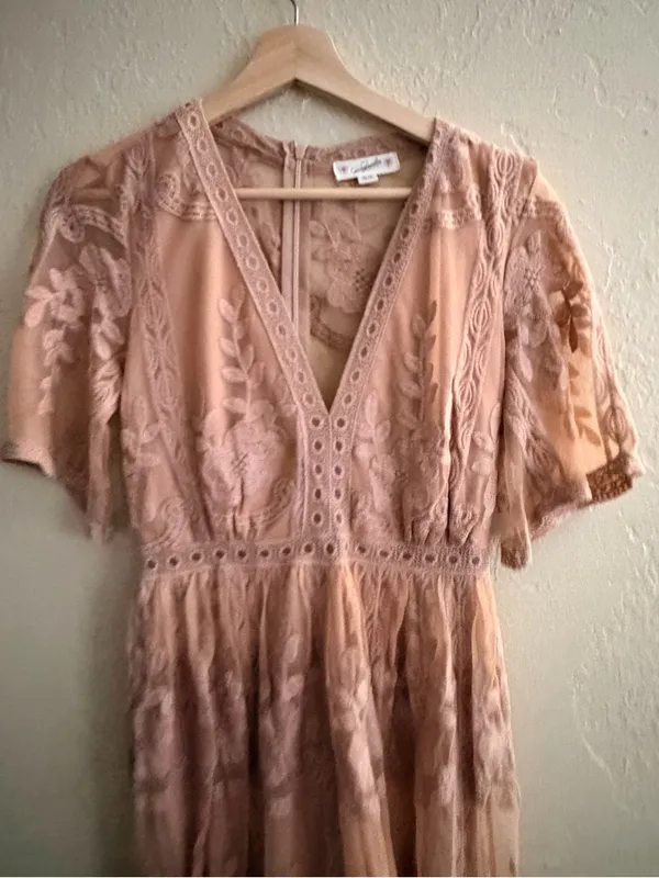 Blush Pink Lace Embroidered Maxi Dress - V-Neck Feminine Silhouette - Image 3