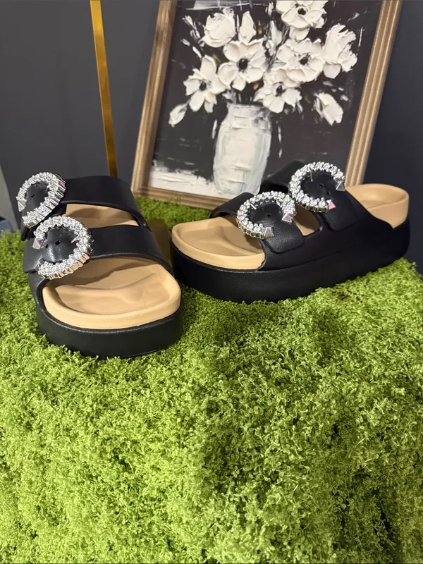 Black Slide Sandals with Crystal Buckle Accents - Image 3