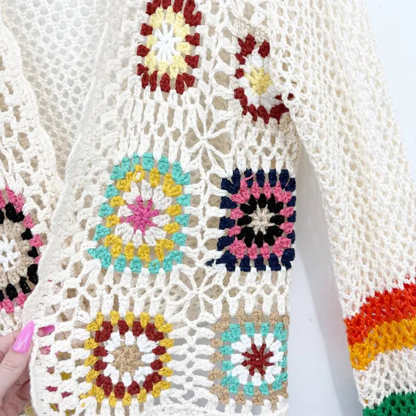 Womens Boho Granny Square Rainbow Crochet Festival Open Knit Cardigan Size S‎ - Image 4