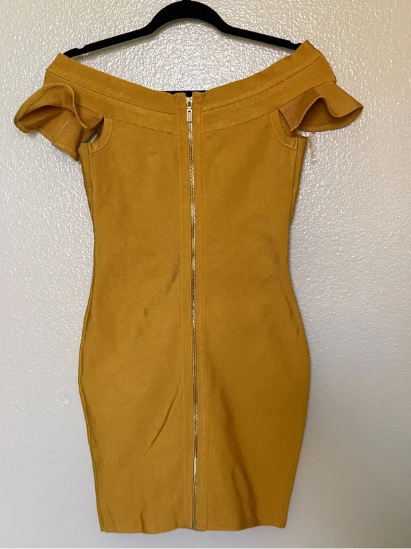 Mustard Bandage Dress S Corset Lace Up Bodycon Y2K Baddie Fall Mini - Image 3