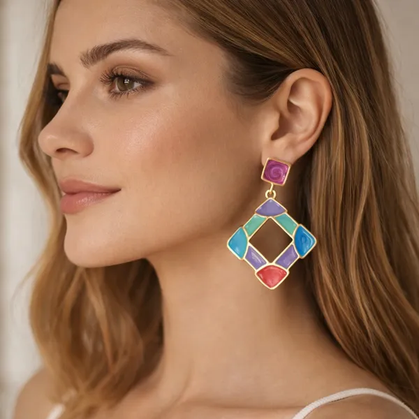 Vibrant Multi Color Resin Gripoix Cabochon Gold Plated Pierced Earrings. - Image 2