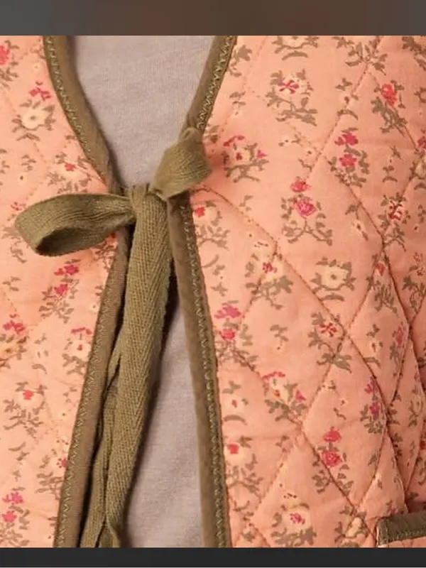 Free People Quilted Floral Peach Tie-Front Vest - Image 6