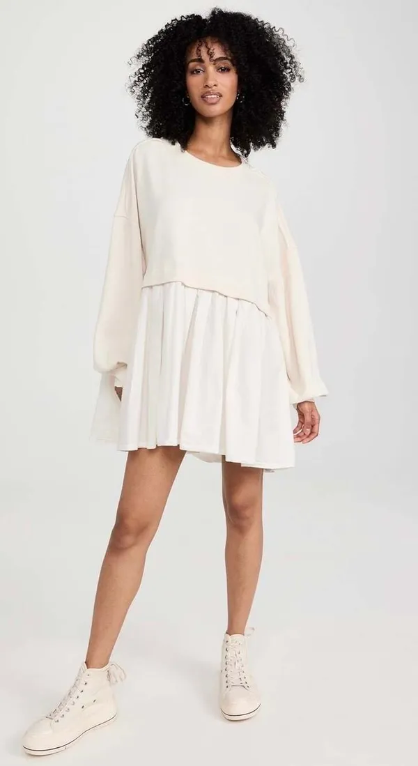 English Factory Long Sleeve Pleated Mixed Media Sweater Dress - Image 2