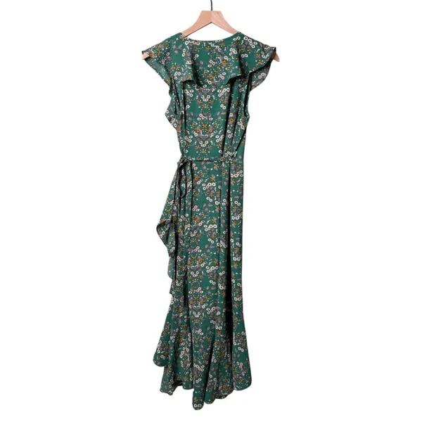 Max Studio Floral Short Ruffle Sleeve Wrap Maxi Dress Green Yellow White Small - Image 2