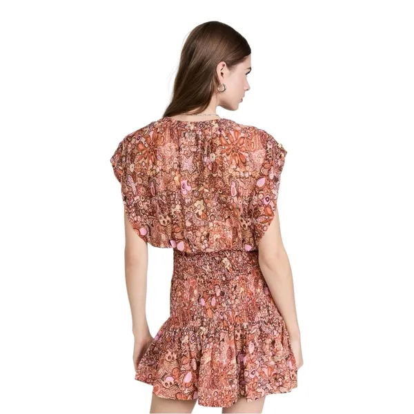 ALC Frank Carly Smocked Print 100% Silk Mini Dress Sorbet Floral Multicolor Size 6 - Image 2
