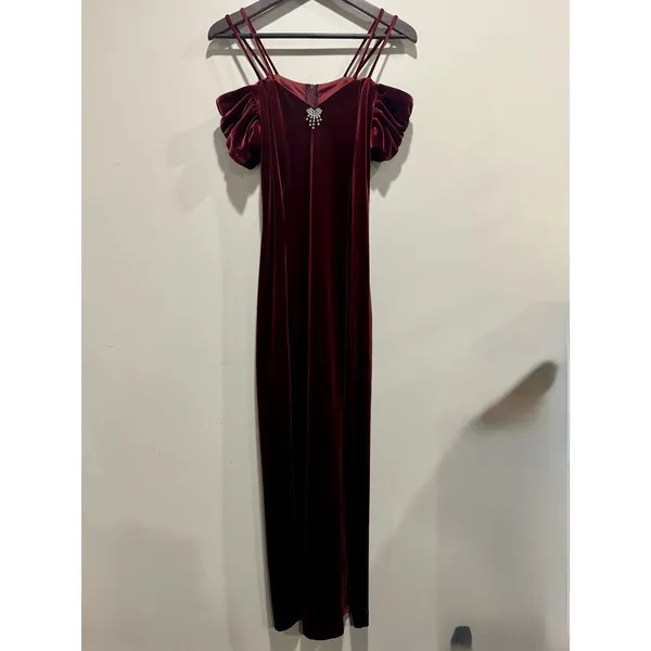 Vintage 90s Dollar USA Burgundy Velvet Cold Shoulder Maxi Dress M - Image 3