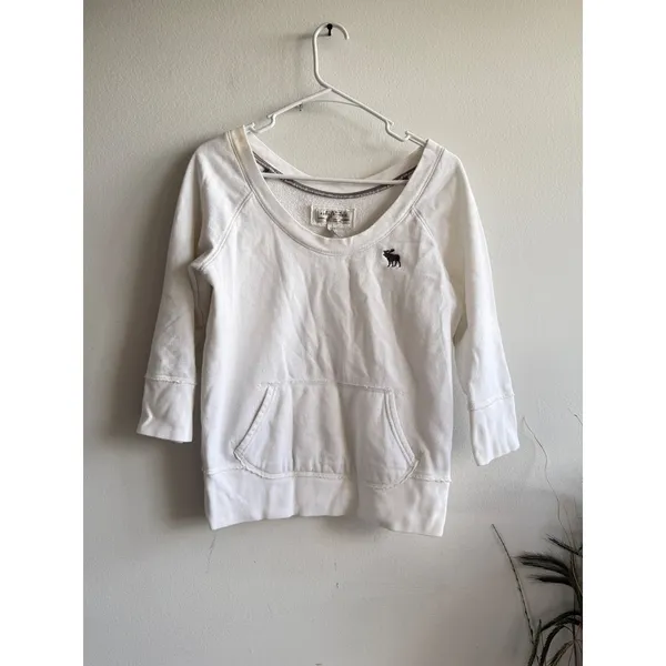 Vintage Abercrombie & Fitch Womens White y2k 3/4 Sleeve Moose Sweatshirt L‎ - Image 2