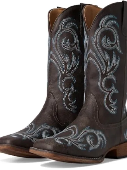 Brown Leather Western Boots with Blue Embroidery - Image 2