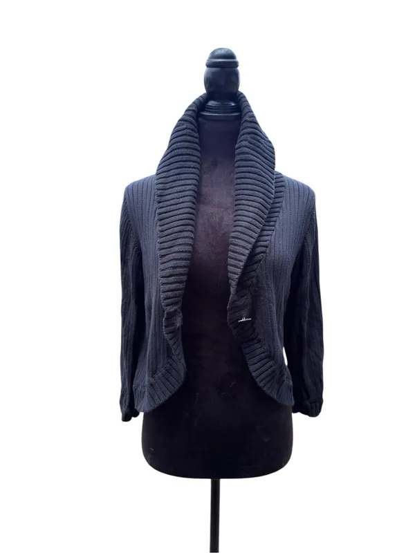 Kenneth Cole Reaction Black Cropped Ribbed Cardigan Shawl Collar‎ 1 Button Large - Image 6