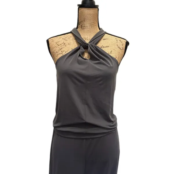 DKNY‎ Gray Keyhole Halter Neck Jumpsuit Tapered Leg Blouson Fit Size Small - Image 2