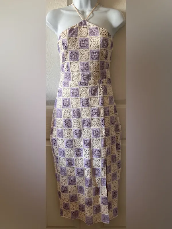 Anthropologie FORE‎ COLLECTION Lilac/Cream Checkered Crochet Halter Dress Autumn Wedding Guest - Image 2