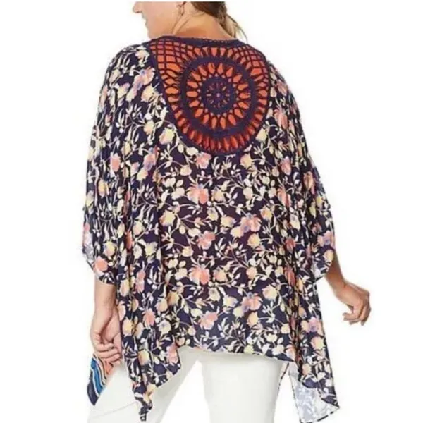 Colleen Lopez Boho Colorful Floral Crochet‎ Lightweight Open Oversized Tunic M L - Image 3
