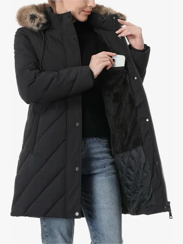 Women's Black Quilted Puffer Coat with Faux Fur Hood AP - Image 7