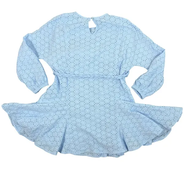 GB Eyelet Lace Mini Dress Womens L Light Blue Braided Tie Waist Long Sleeve Boho - Image 10
