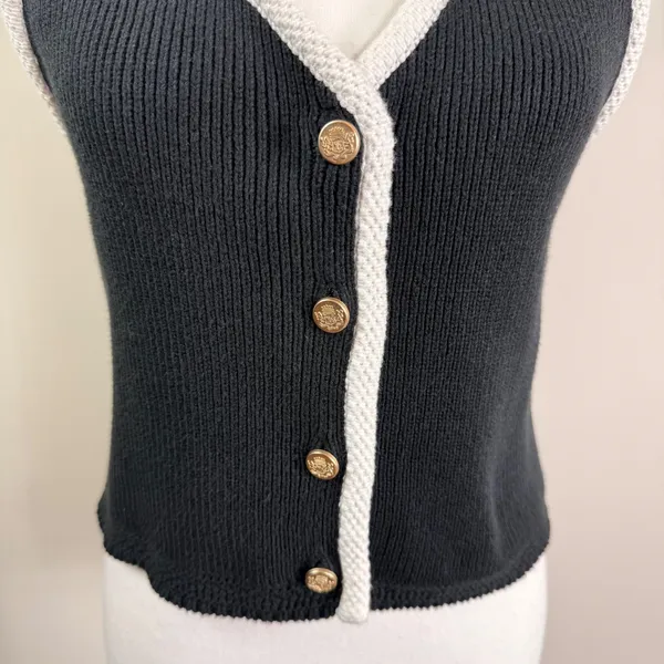 Abercrombie & Fitch Mara Button-Up Sweater Vest Black White Contrast Trim Med. - Image 10