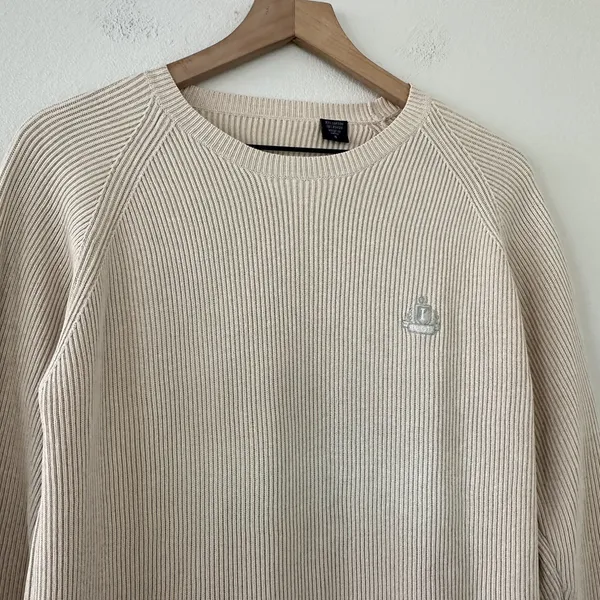 Vintage IZOD Ribbed Knit Crew Neck Sweater Sz S preppy Coastal Fisherman Beige - Image 2