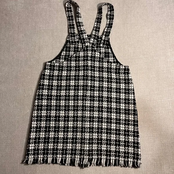KORI Black White Plaid Tweed Fringe Overall‎ Mini Dress Size Large - Image 4