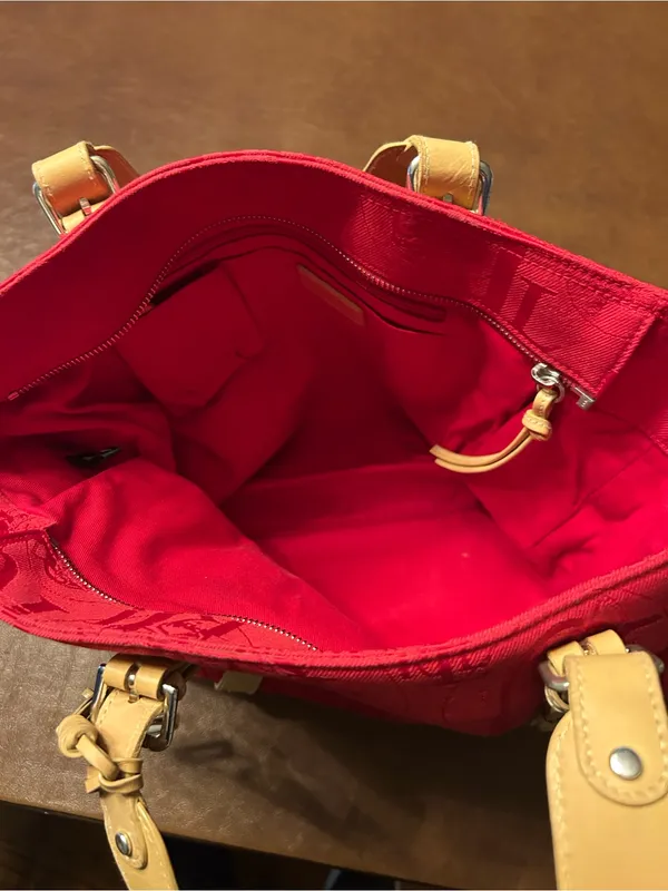 Women’s Ralph Lauren Red Jacquard Tote Bag Tan Trim Shoulder Bag - Image 4