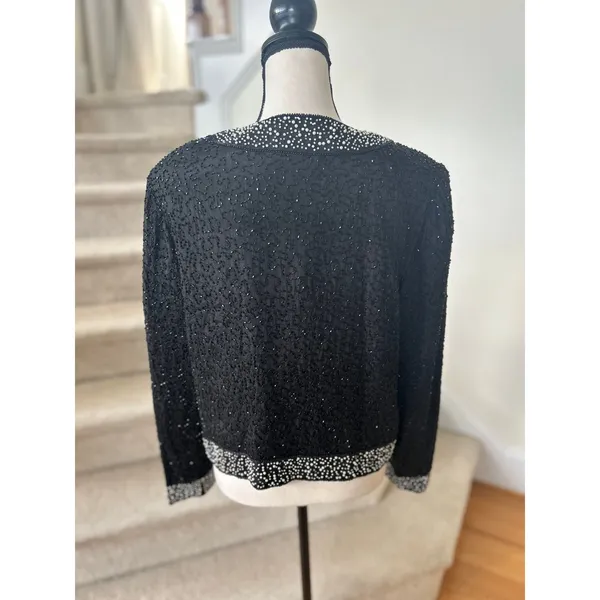 Vintage Old Money Black Silk Faux Pearl Trim Beaded Blazer Evening Jacket - Image 3