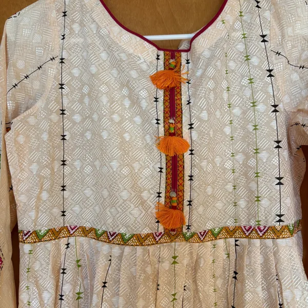 Almirah Lawn Pret Suit Women Small Off-White Cotton Tribal Print‎ Tassel Kurti - Image 3