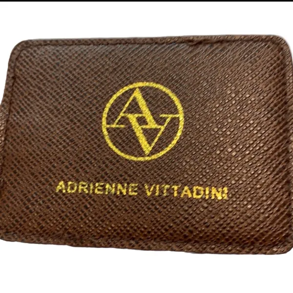 Adrienne Vittadini Brown luggage tag ID holder brown leather gold tone Logo - Image 5