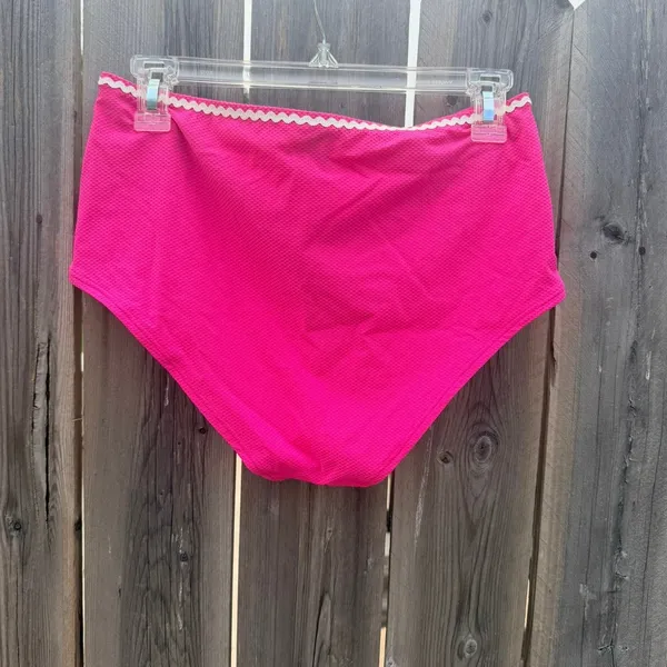J.Crew NEW Pink Textured High Waisted Bikini Bottoms with Rickrack Trim Sz M - Image 4