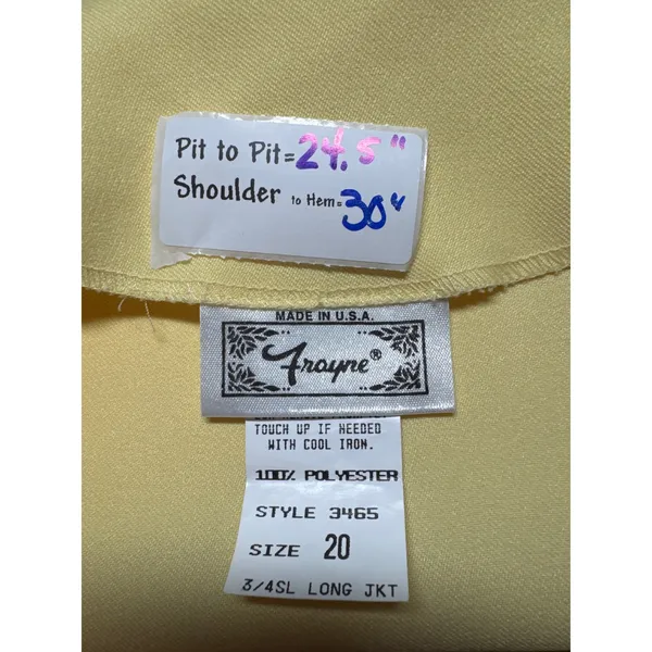 Frayne Womens Size 20 Light Yellow 3/4 Sleeve Blazer Jacket‎ Style 3465 - Image 3
