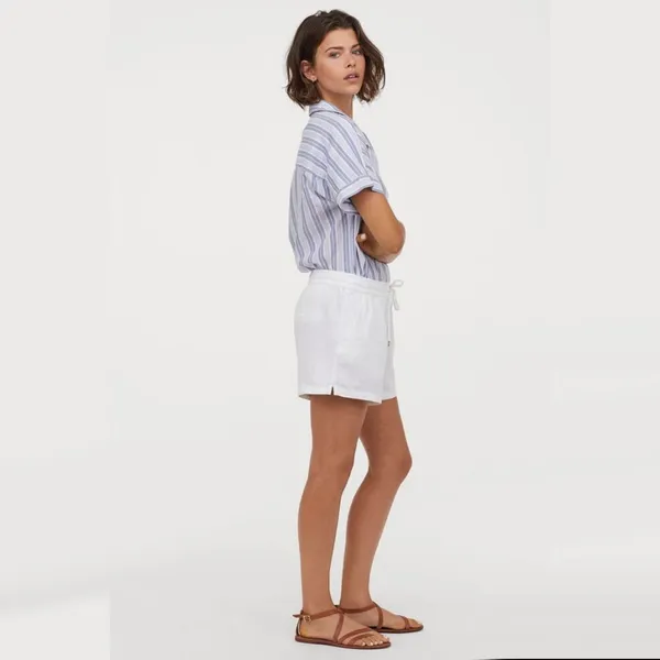 H&M Linen-blend Drawstring Elastic Waist Casual Shorts White Womens 6 - Image 13