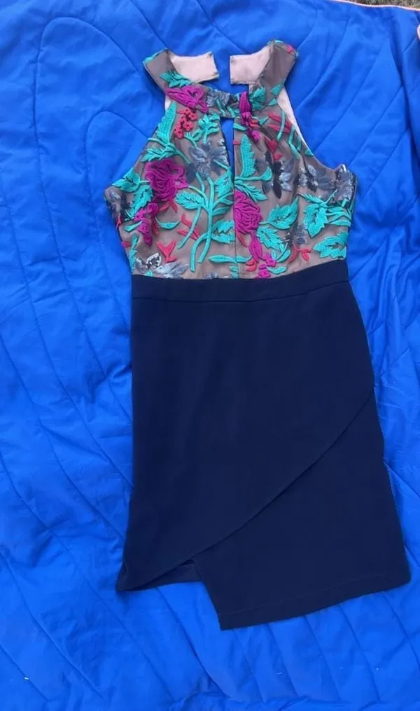 Harlyn Floral Embroidered Halter Keyhole Cocktail Dress with Tulip Wrap Skirt - Image 2