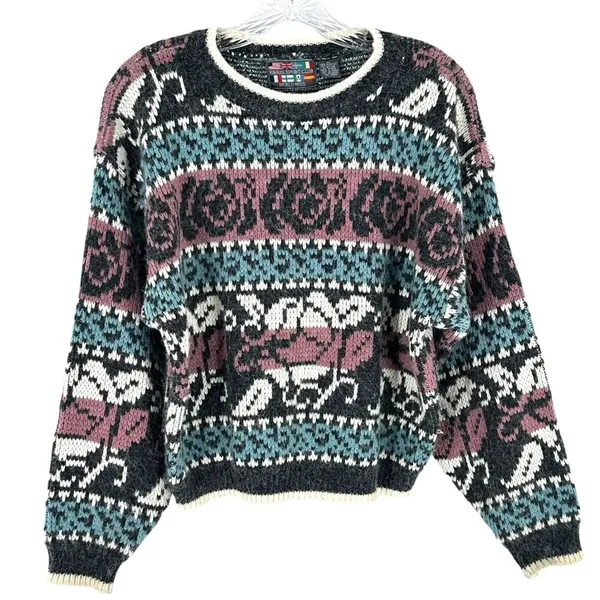 Vintage 80's Paris Sport Club Chunky Fair Isle Oversize Sweater M Breakfast Club - Image 2