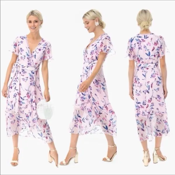 Tanya Taylor Blaire Pink Floral Silk Ruffle MIDI Dress Faux Wrap Flowers v6x - Image 3