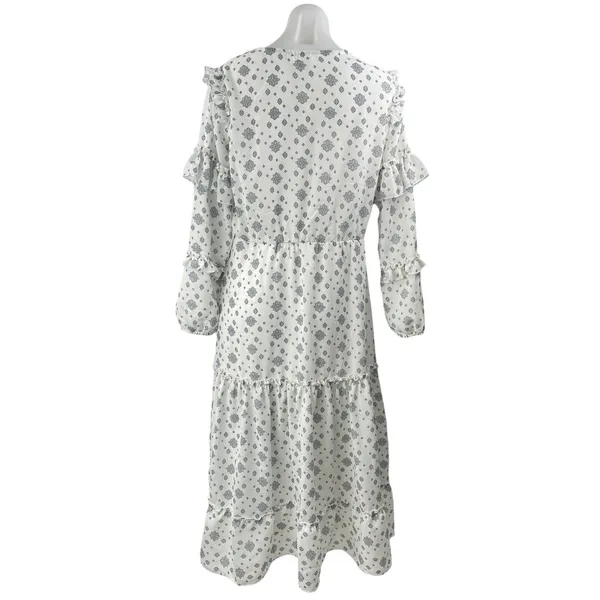 Sharon Max White Floral Long Sleeve Ruffle Tie Neck Tiered A Line Midi Dress M - Image 3