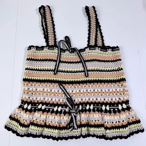 Ulla Johnson Zita Tank Honey Crochet Peplum Top Cotton Striped Multi Size P - Image 2