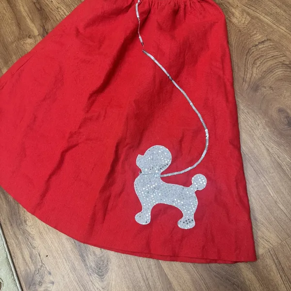 Poodle Skirt Red Felt Hand Made Elastic waist silver glitter dog w/ leash sz S/M - Image 2