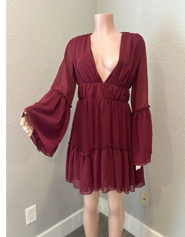 MISS ORD CUTE Ruffle Pintuck Dres Sz L WINE Maroon Romantic Cottagecore NWT #125 - Image 5