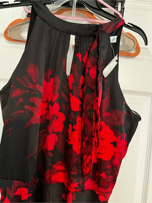 Chetta B Black Dress with Red Floral Print - High-Low Halter - Image 3