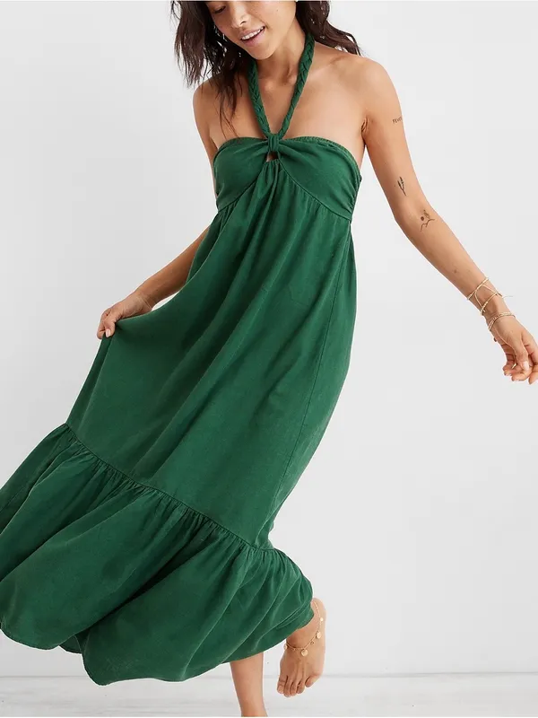 Aerie High Low Halter Braided Strap Maxi Sundress, White, Size S - Image 3