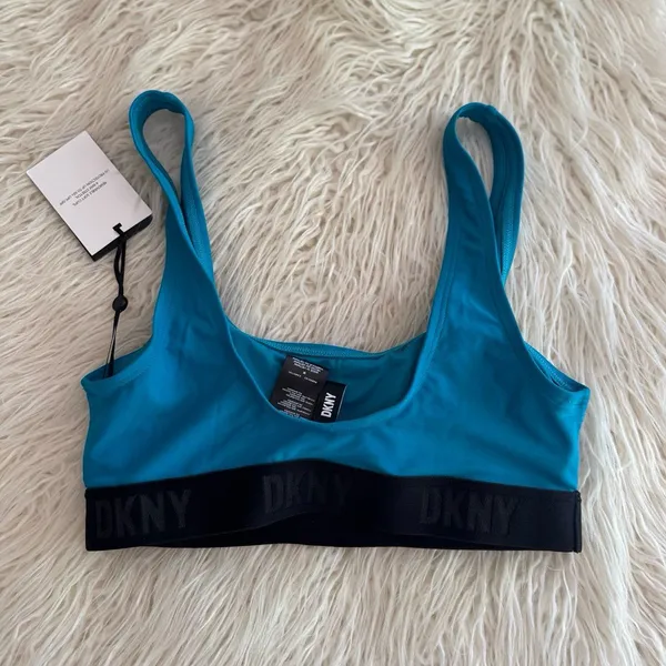 DKNY Scoop Neck Logo Bikini Swim Top Blue Size Medium - Image 4