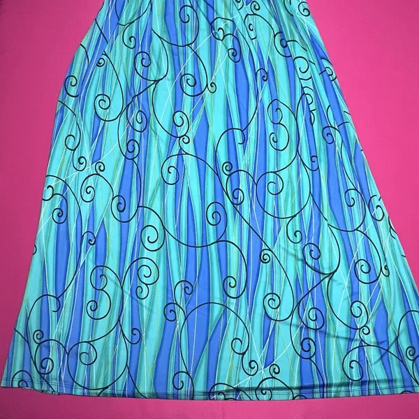 VTG Y2K Young Joy Psychedelic Swirl Print Halter Dress Blue Teal USA S/M - Image 2