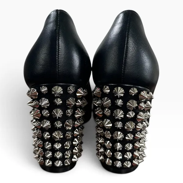Christian Louboutin Donna 85 Black Leather Silver Spike Block Heel Pumps 35.5 - Image 3
