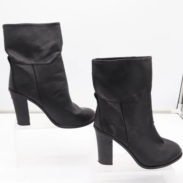 Black Faux Leather Mid-Calf Block Heel Boots Round Toe Size 9 Slouchy Pull On - Image 3