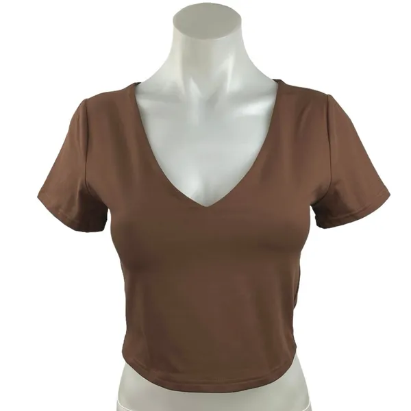 Reoria Women's Brown Pullover V Neck Short Sleeve Casual T Shirts Crop Top Sz M - Image 2
